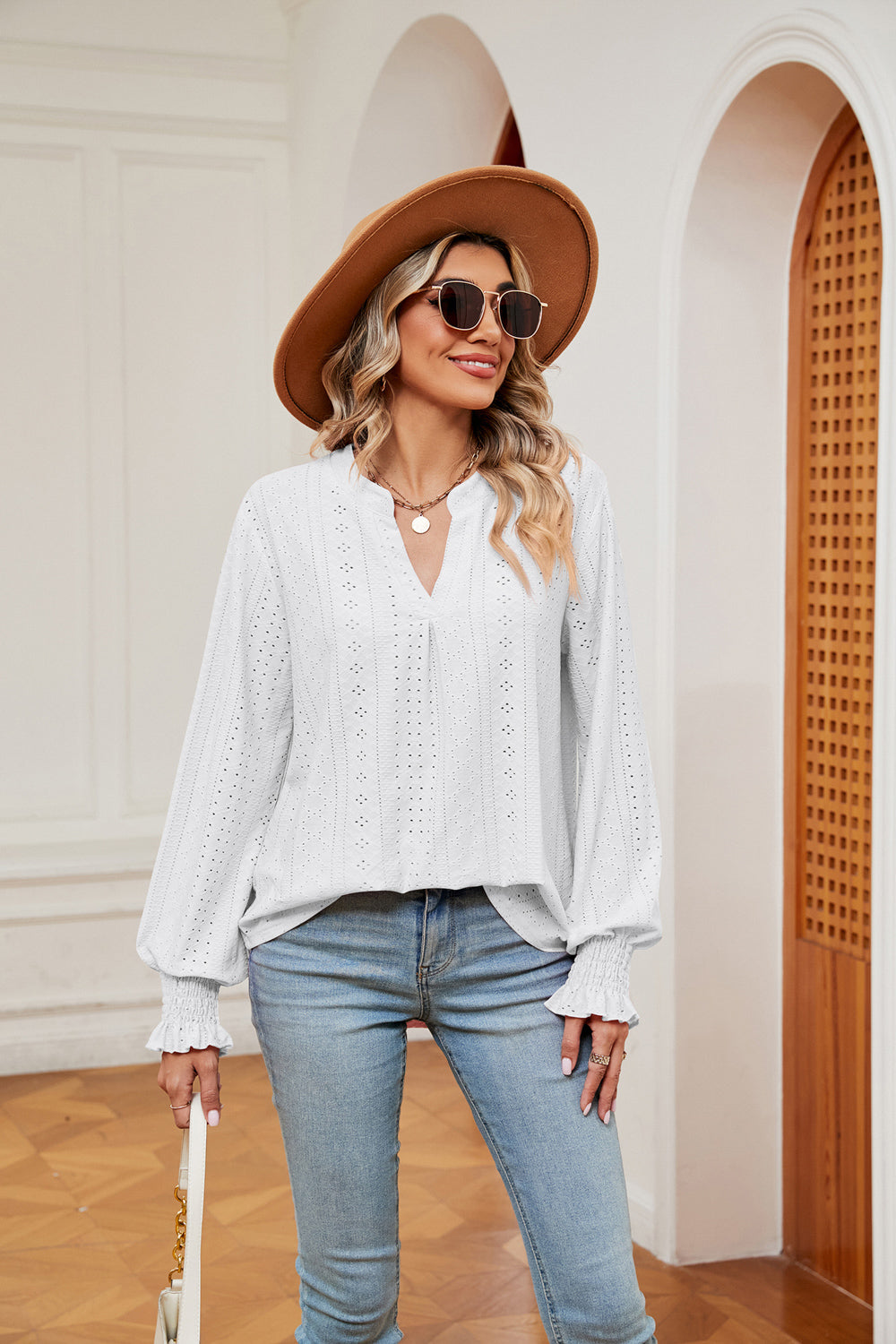 Notched Neck Flounce Sleeve Blouse BLUE ZONE PLANET