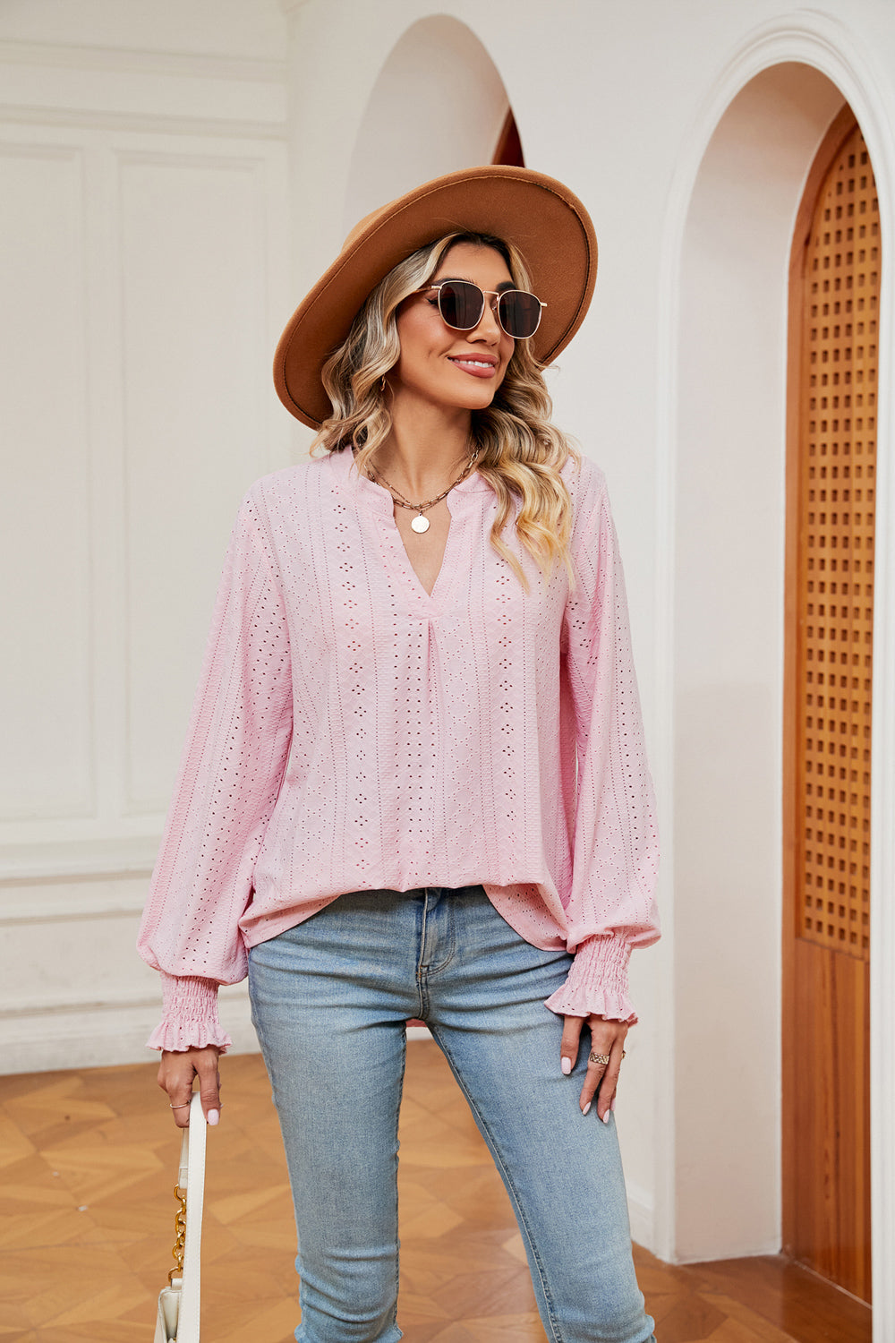 Notched Neck Flounce Sleeve Blouse BLUE ZONE PLANET
