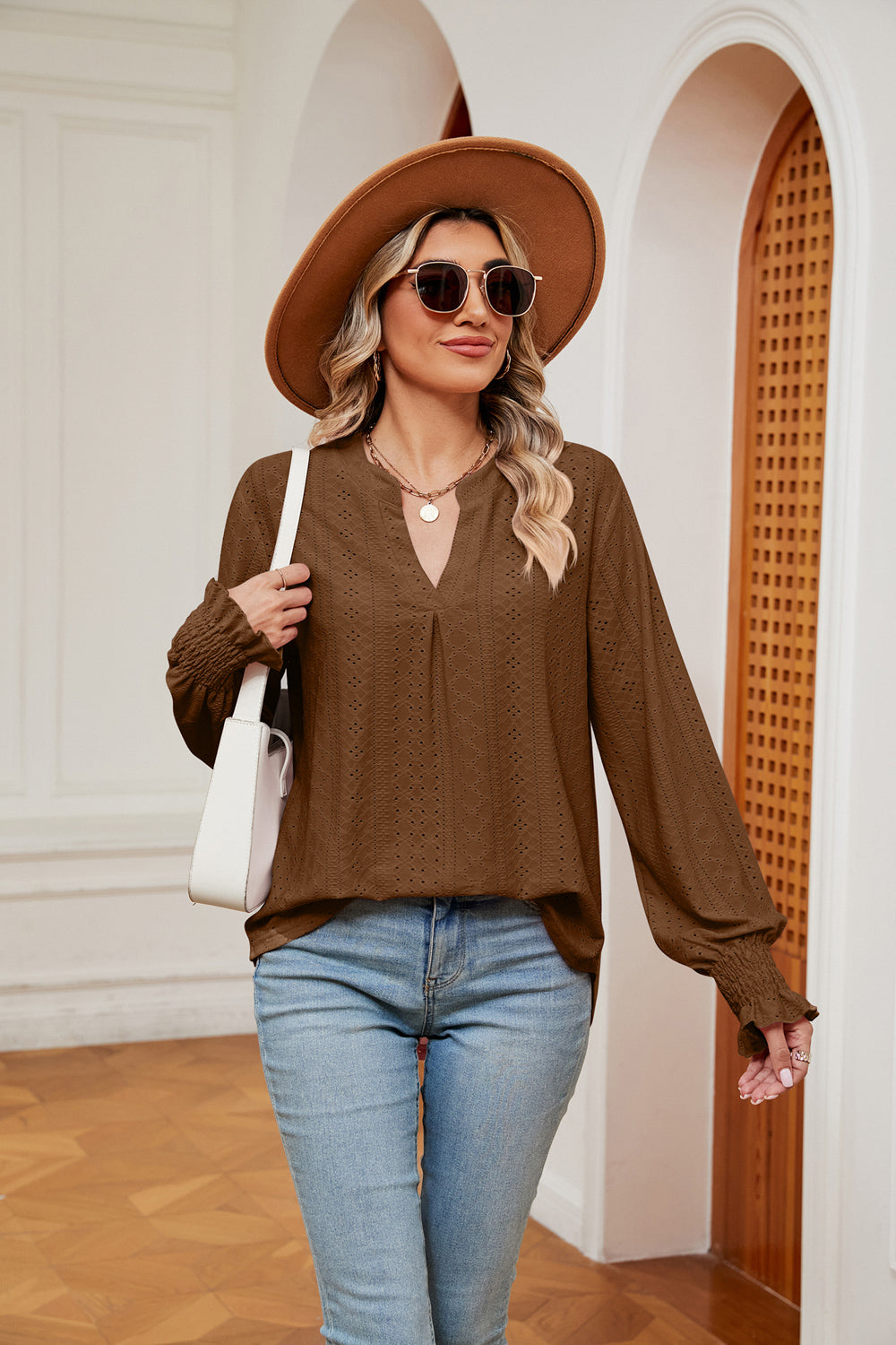 Notched Neck Flounce Sleeve Blouse BLUE ZONE PLANET