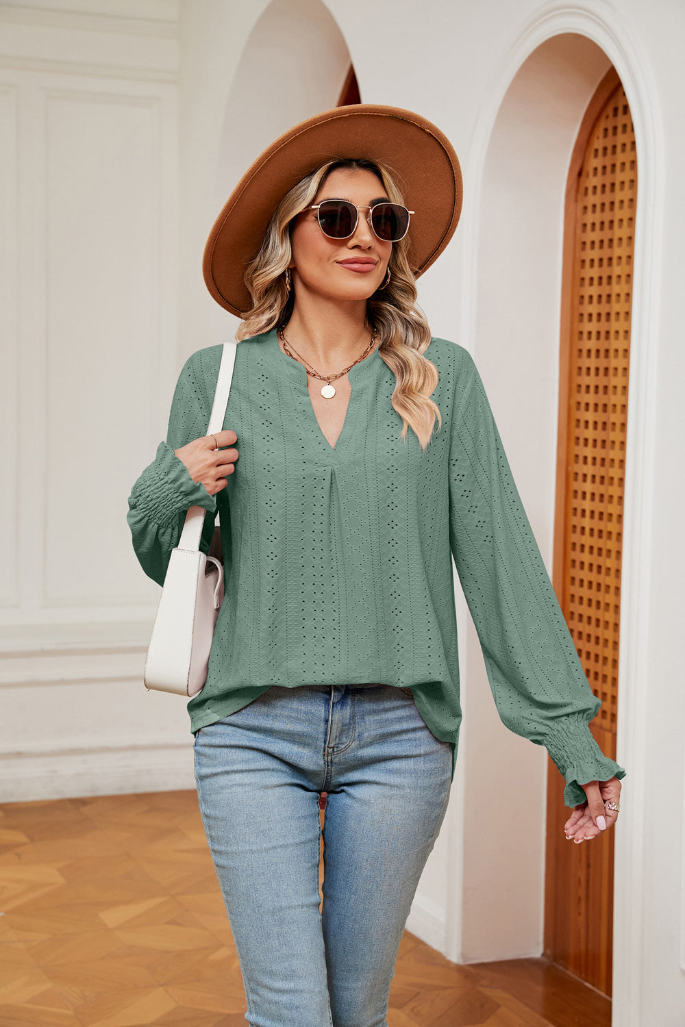 Notched Neck Flounce Sleeve Blouse BLUE ZONE PLANET