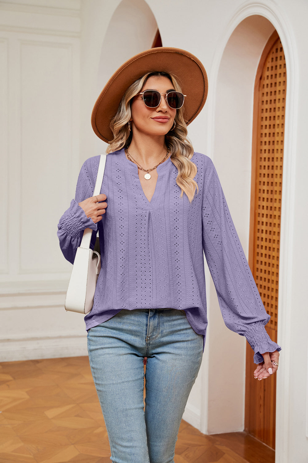Notched Neck Flounce Sleeve Blouse BLUE ZONE PLANET