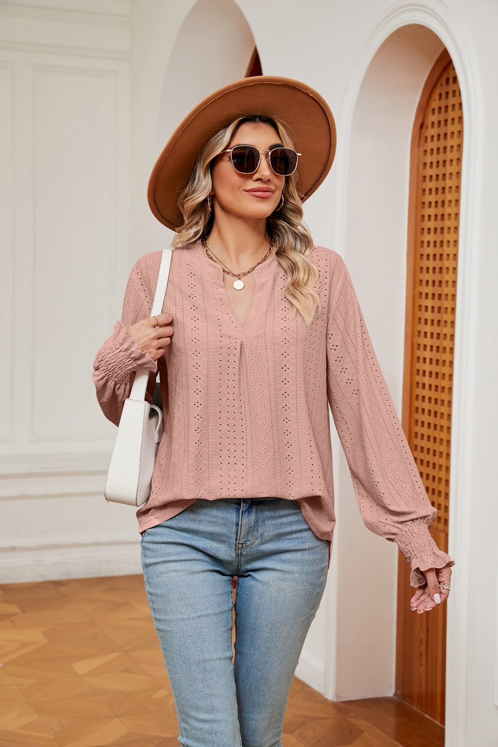 Notched Neck Flounce Sleeve Blouse BLUE ZONE PLANET