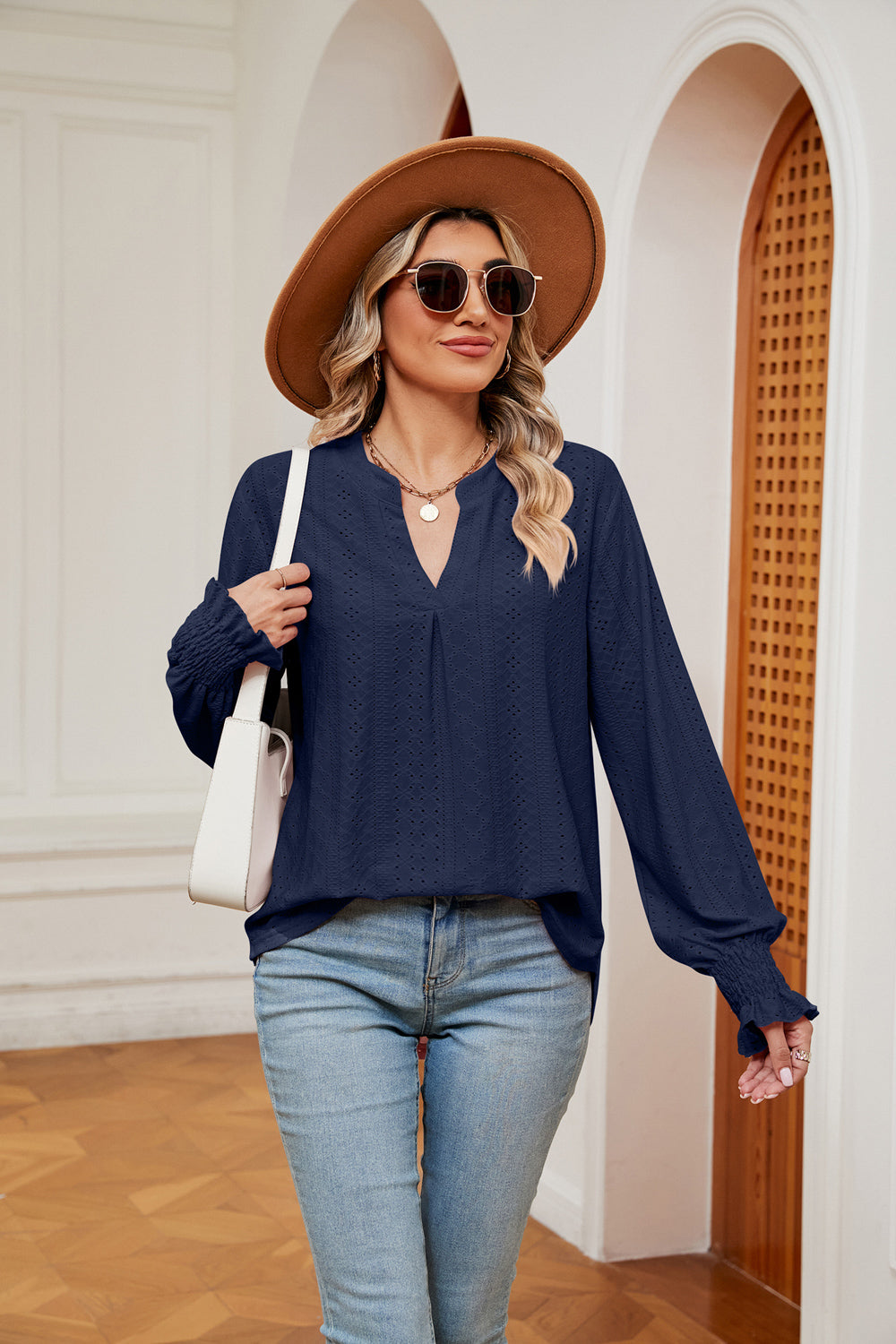 Notched Neck Flounce Sleeve Blouse BLUE ZONE PLANET