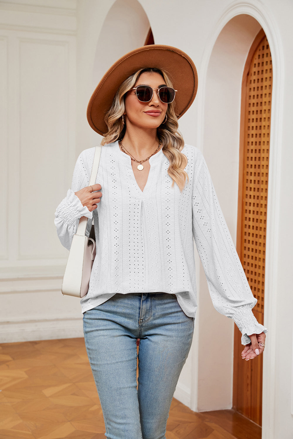 Notched Neck Flounce Sleeve Blouse BLUE ZONE PLANET
