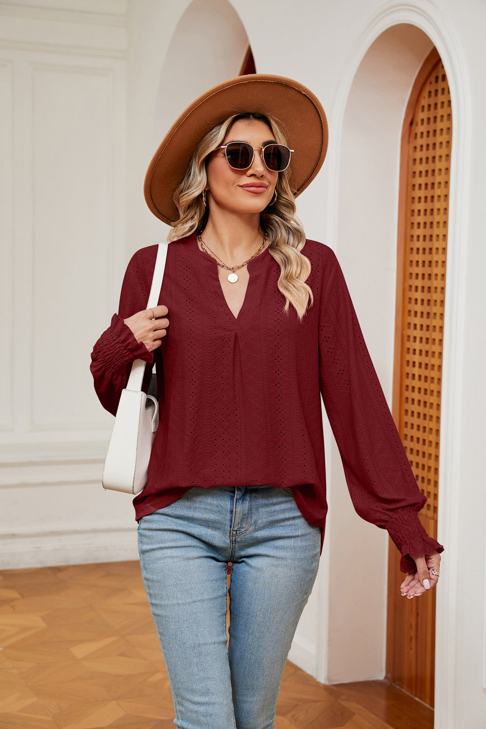 Notched Neck Flounce Sleeve Blouse BLUE ZONE PLANET