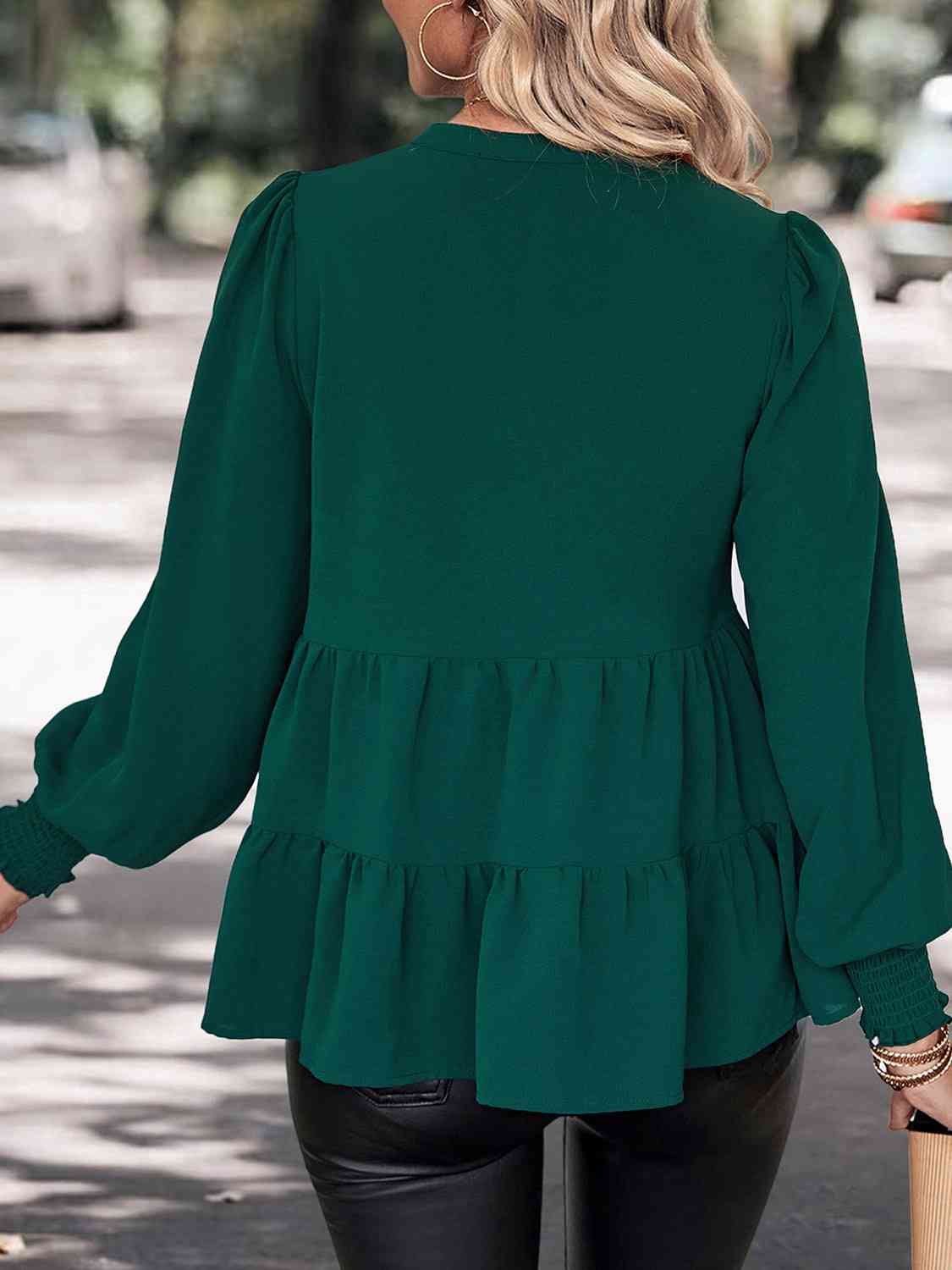 Notched Neck Lantern Sleeve Blouse BLUE ZONE PLANET