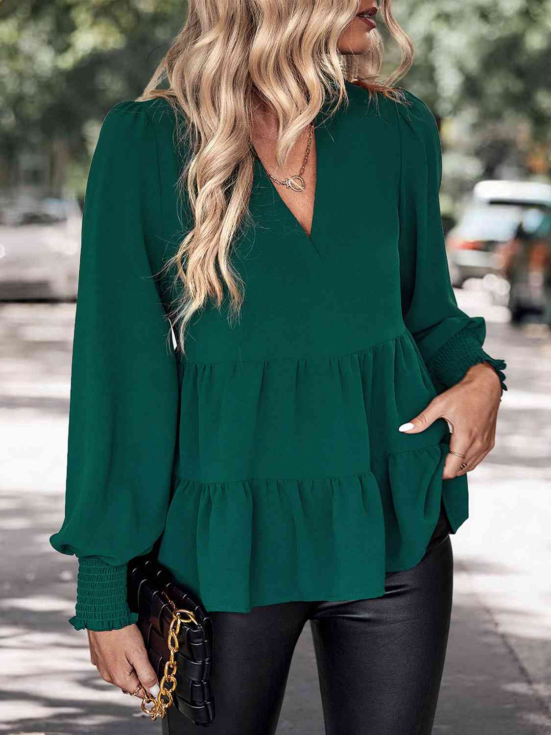 Notched Neck Lantern Sleeve Blouse BLUE ZONE PLANET