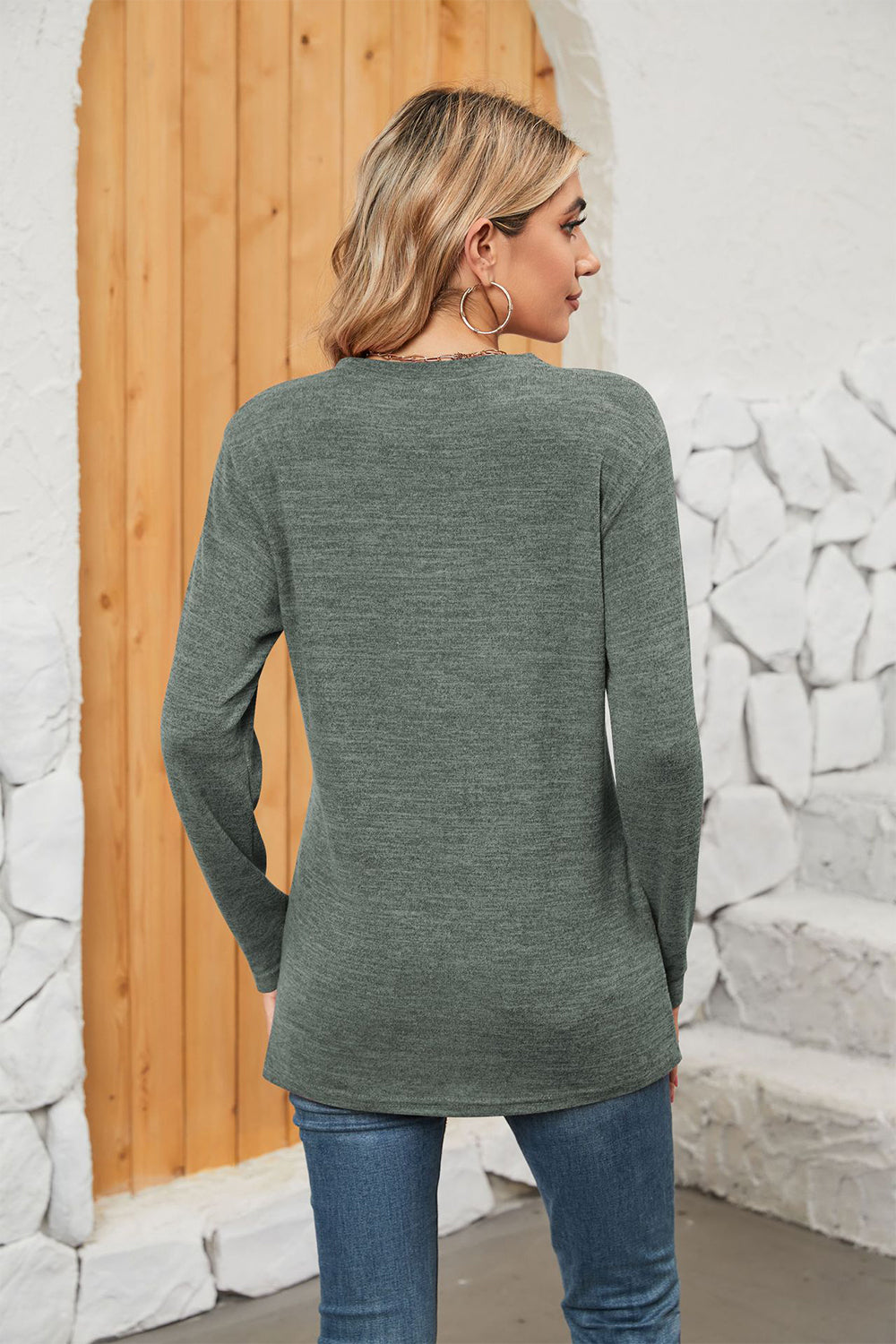 Notched Neck Long Sleeve T-Shirt BLUE ZONE PLANET