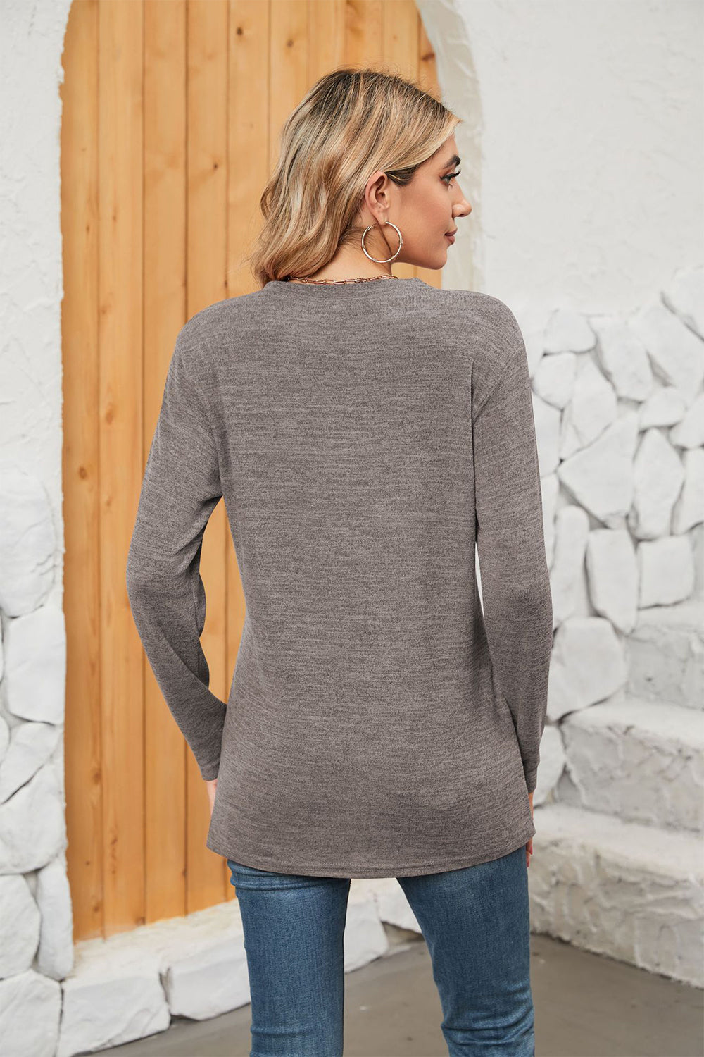 Notched Neck Long Sleeve T-Shirt BLUE ZONE PLANET