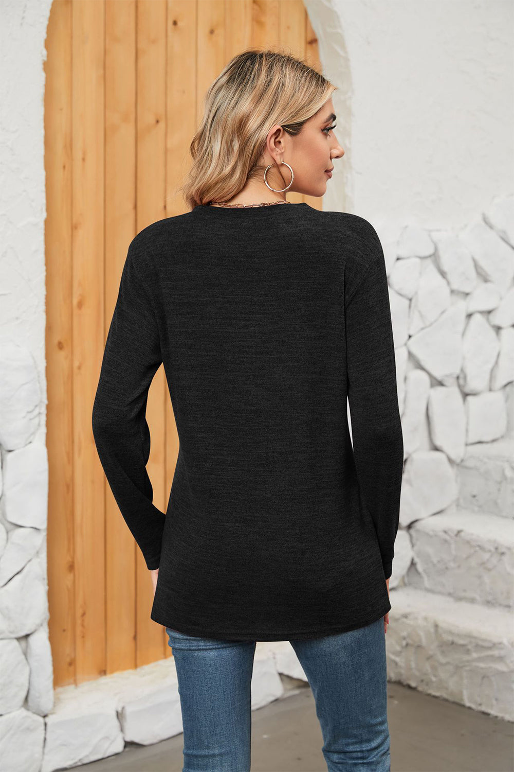 Notched Neck Long Sleeve T-Shirt BLUE ZONE PLANET