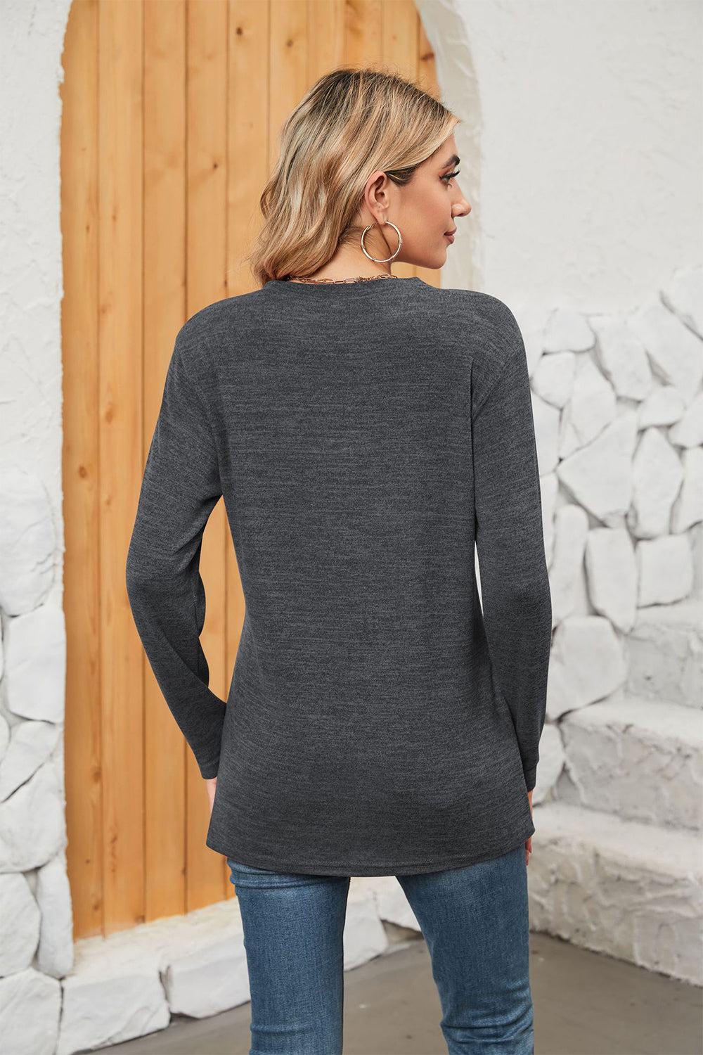 Notched Neck Long Sleeve T-Shirt BLUE ZONE PLANET