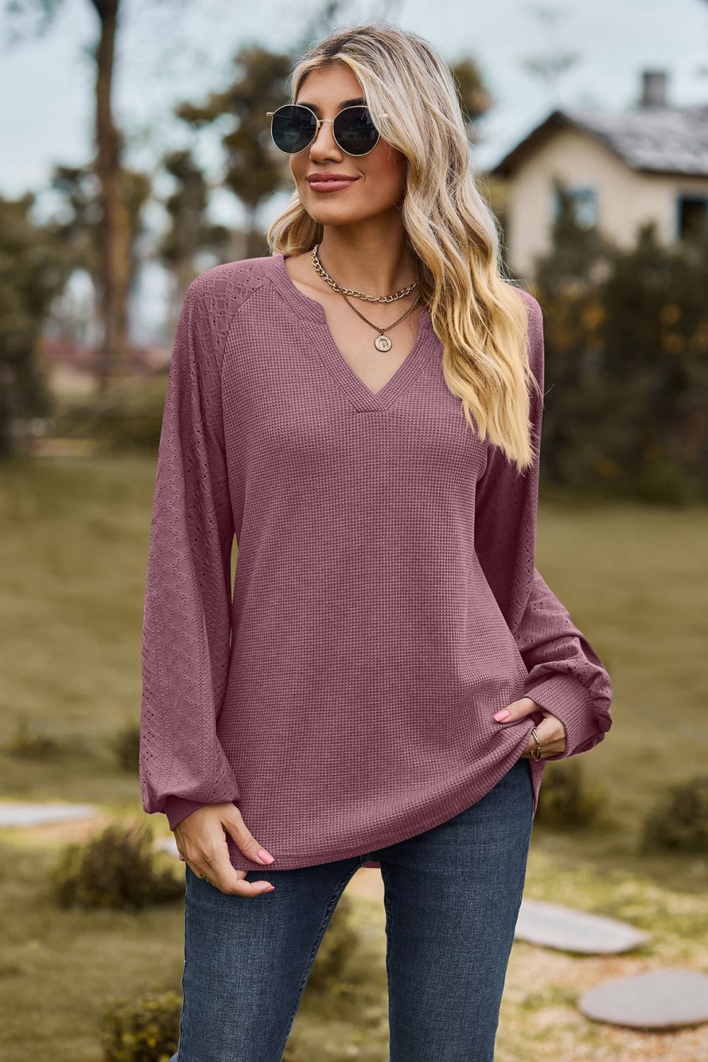 Notched Neck Raglan Sleeve Blouse BLUE ZONE PLANET