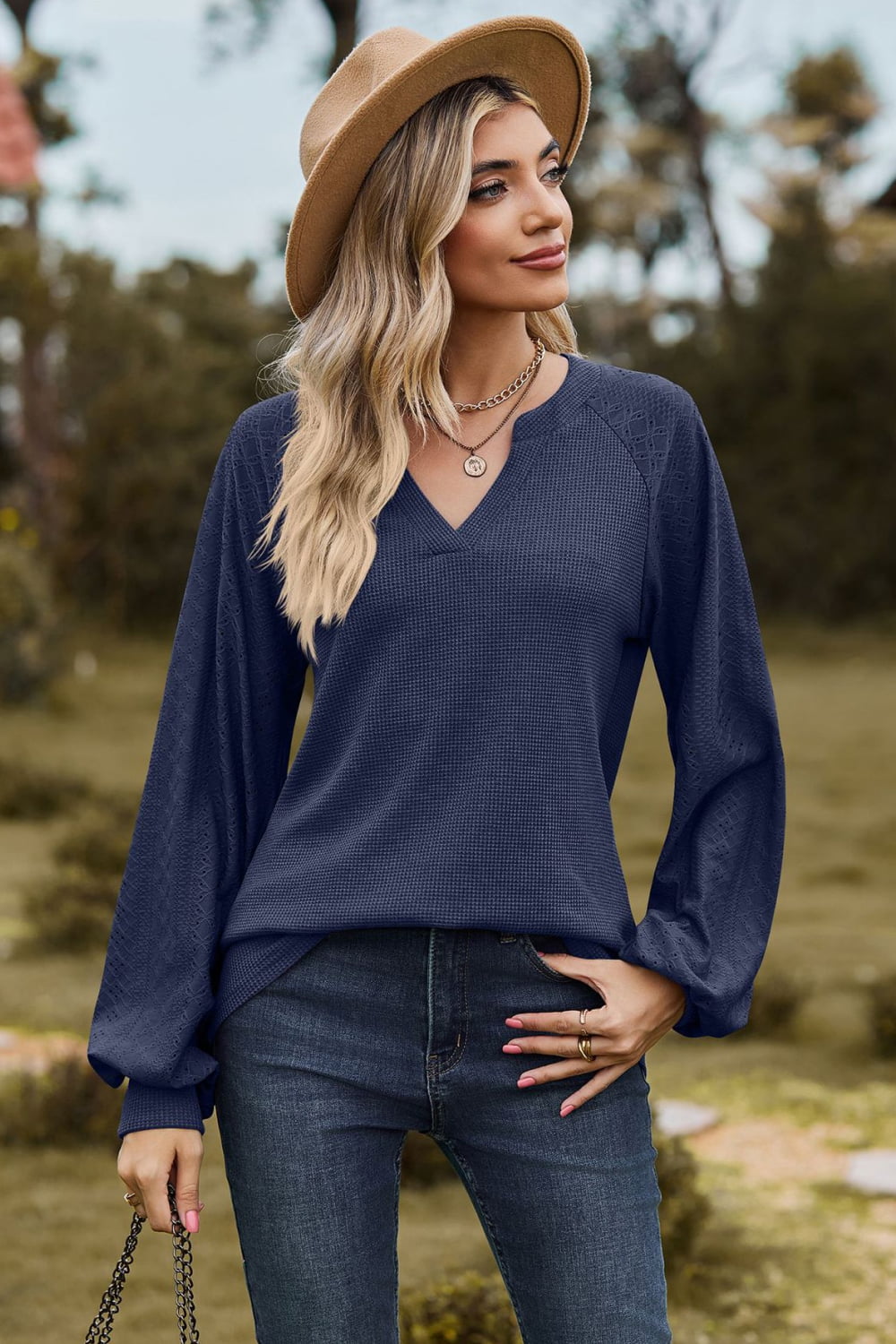 Notched Neck Raglan Sleeve Blouse BLUE ZONE PLANET