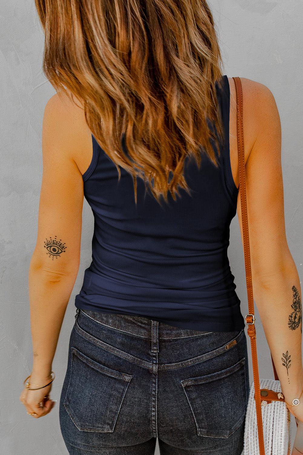 Notched Neck Ribbed Tank Top BLUE ZONE PLANET