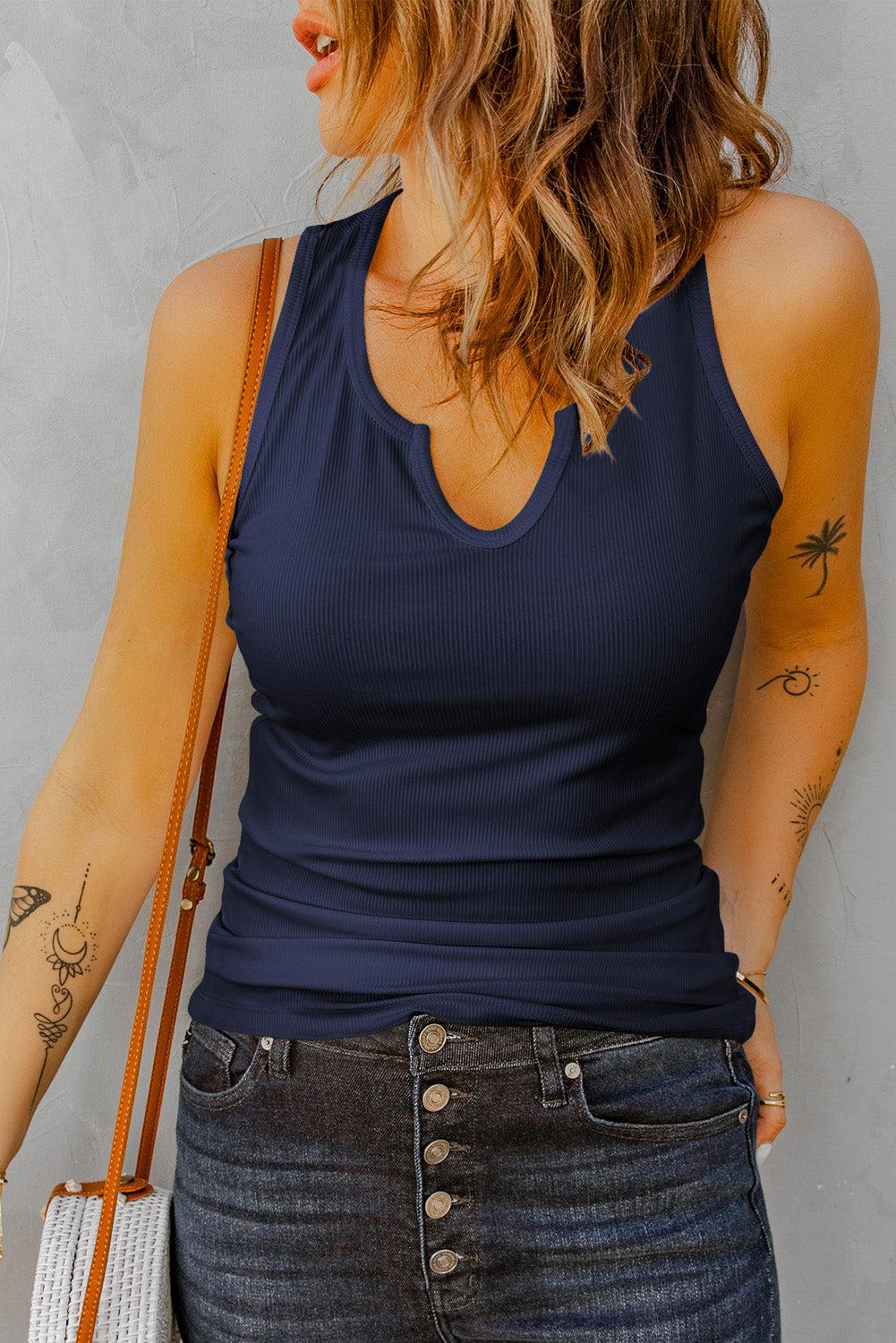 Notched Neck Ribbed Tank Top BLUE ZONE PLANET