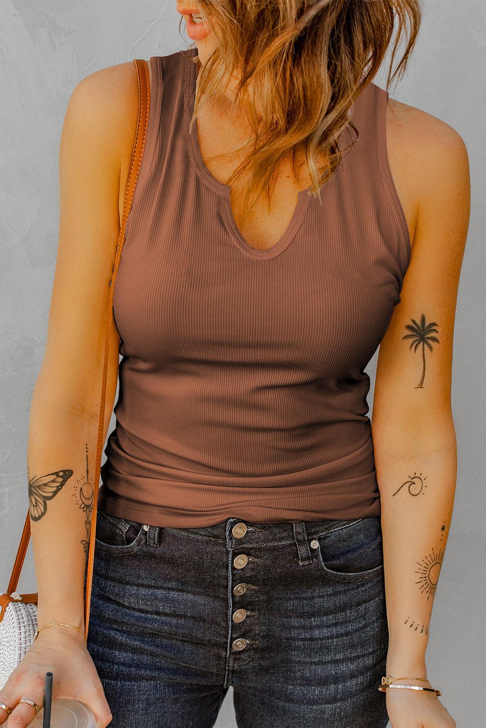Notched Neck Ribbed Tank Top BLUE ZONE PLANET