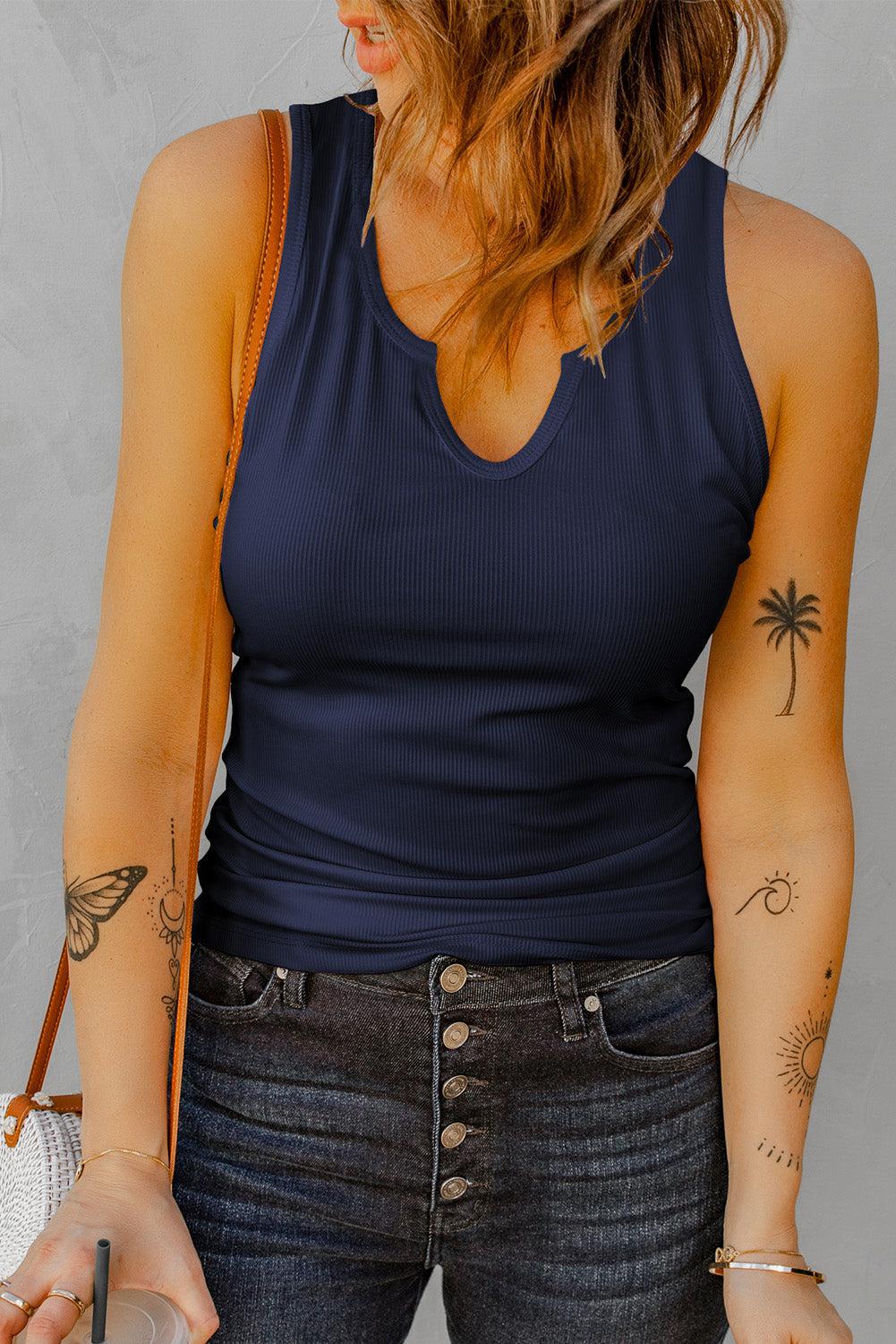 Notched Neck Ribbed Tank Top BLUE ZONE PLANET