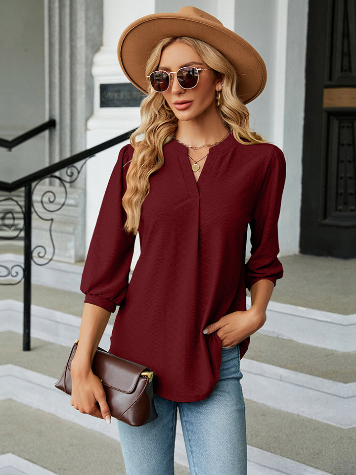 Notched Neck Three-Quarter Sleeve Blouse BLUE ZONE PLANET