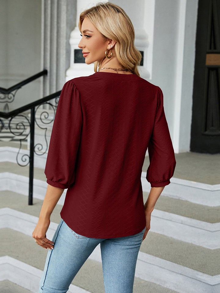 Notched Neck Three-Quarter Sleeve Blouse BLUE ZONE PLANET