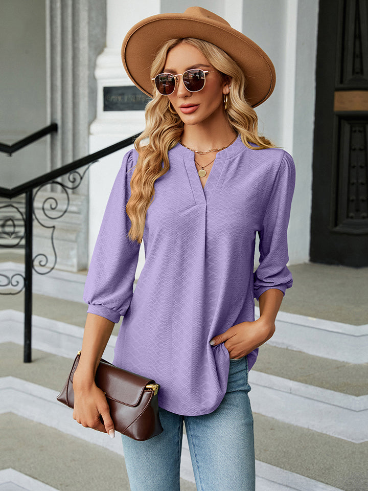 Notched Neck Three-Quarter Sleeve Blouse BLUE ZONE PLANET