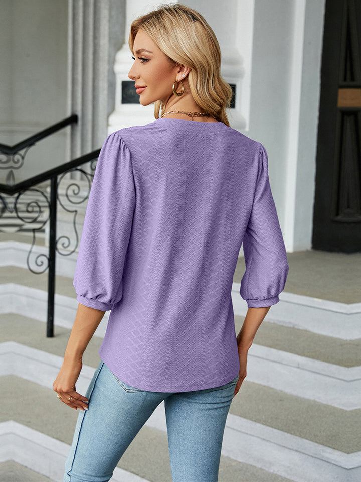 Notched Neck Three-Quarter Sleeve Blouse BLUE ZONE PLANET