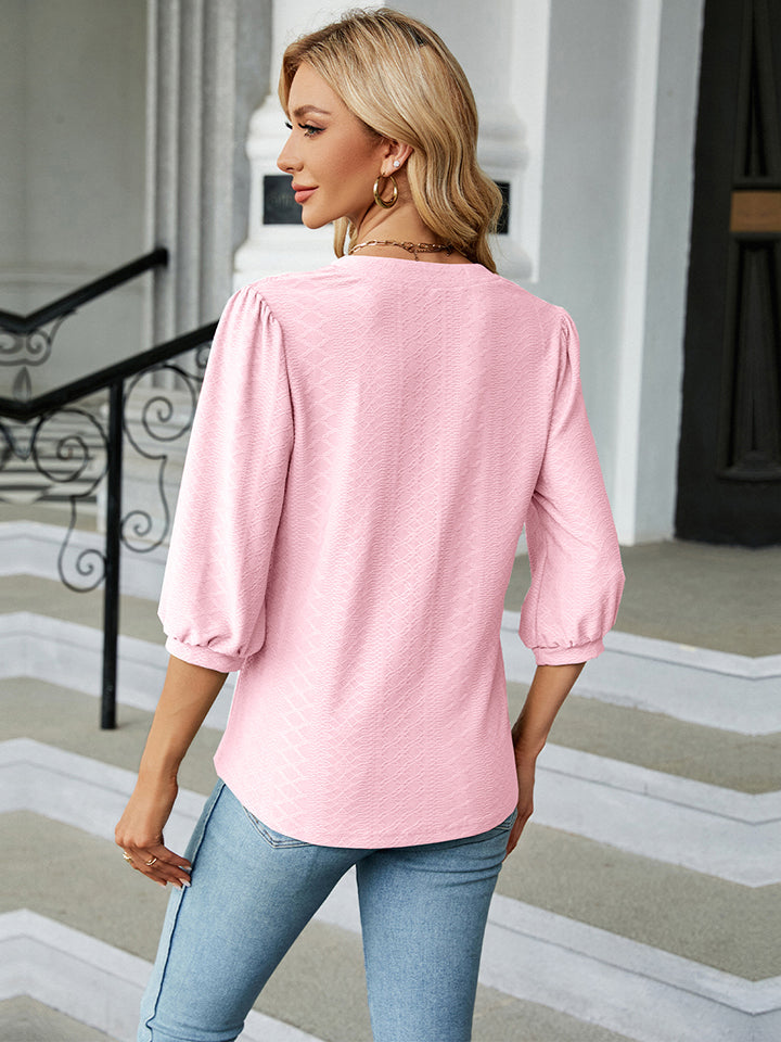 Notched Neck Three-Quarter Sleeve Blouse BLUE ZONE PLANET