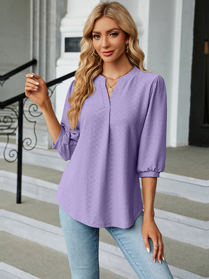 Notched Neck Three-Quarter Sleeve Blouse BLUE ZONE PLANET