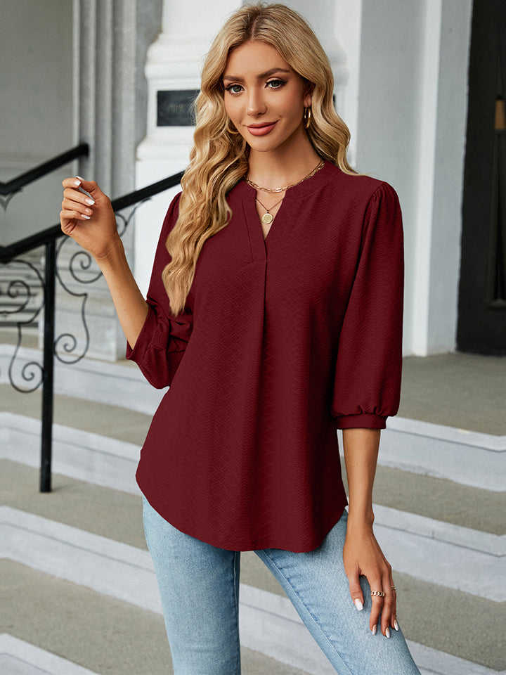 Notched Neck Three-Quarter Sleeve Blouse BLUE ZONE PLANET
