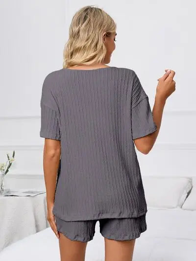 Notched Short Sleeve and Shorts Lounge Set BLUE ZONE PLANET