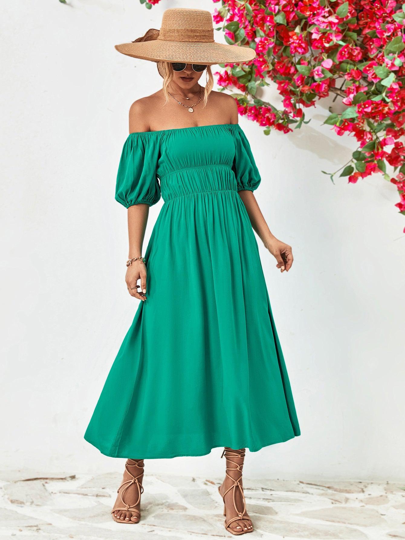 Off-Shoulder Balloon Sleeve Midi Dress BLUE ZONE PLANET
