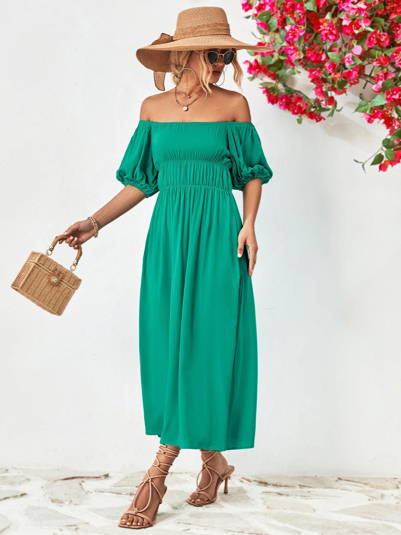 Off-Shoulder Balloon Sleeve Midi Dress BLUE ZONE PLANET