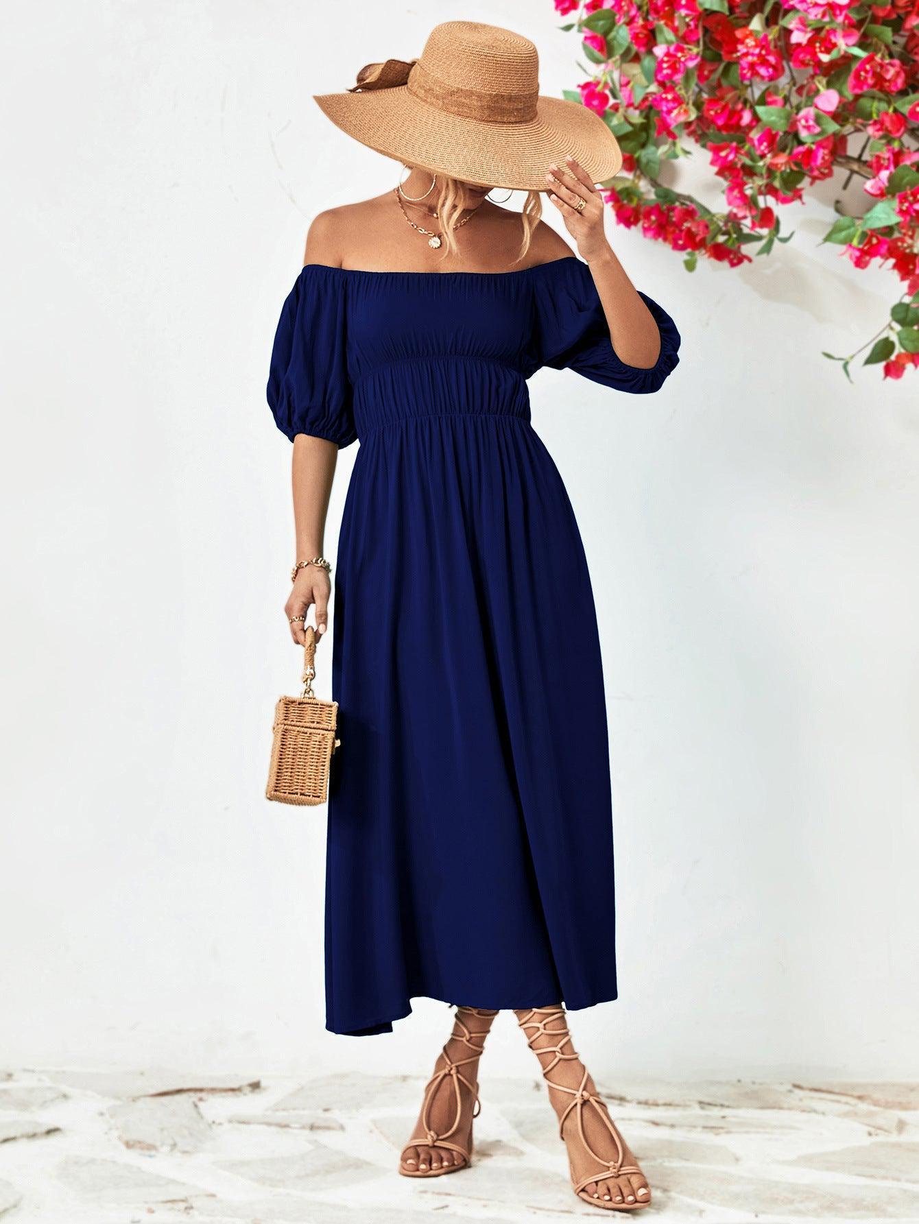Off-Shoulder Balloon Sleeve Midi Dress BLUE ZONE PLANET