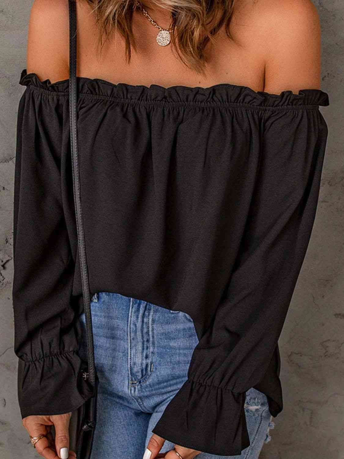 Off-Shoulder Flounce Sleeve Blouse BLUE ZONE PLANET
