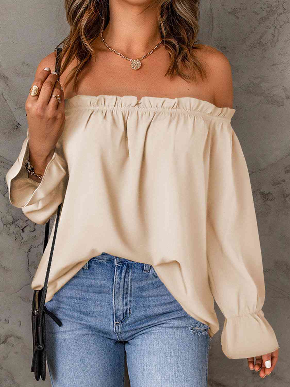 Off-Shoulder Flounce Sleeve Blouse BLUE ZONE PLANET