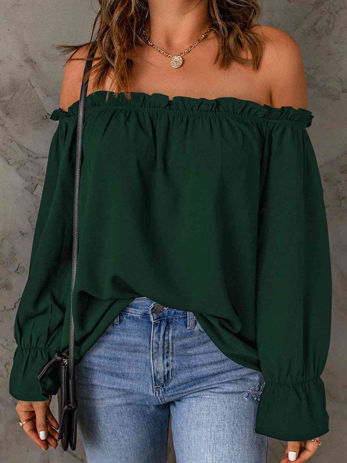 Off-Shoulder Flounce Sleeve Blouse BLUE ZONE PLANET