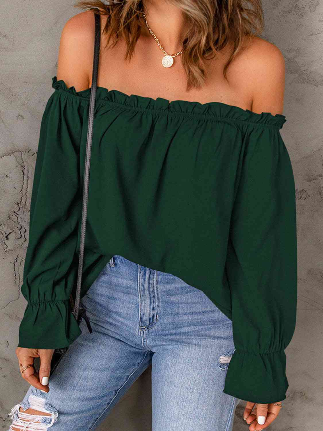 Off-Shoulder Flounce Sleeve Blouse BLUE ZONE PLANET