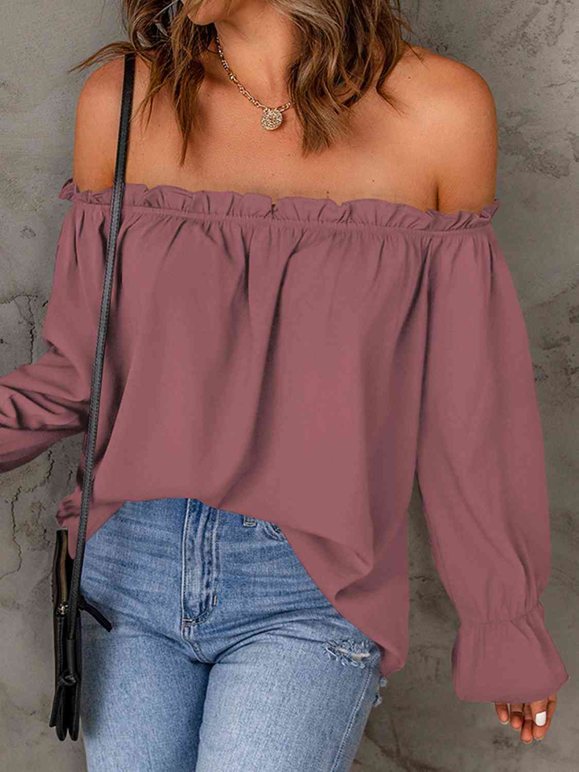 Off-Shoulder Flounce Sleeve Blouse BLUE ZONE PLANET