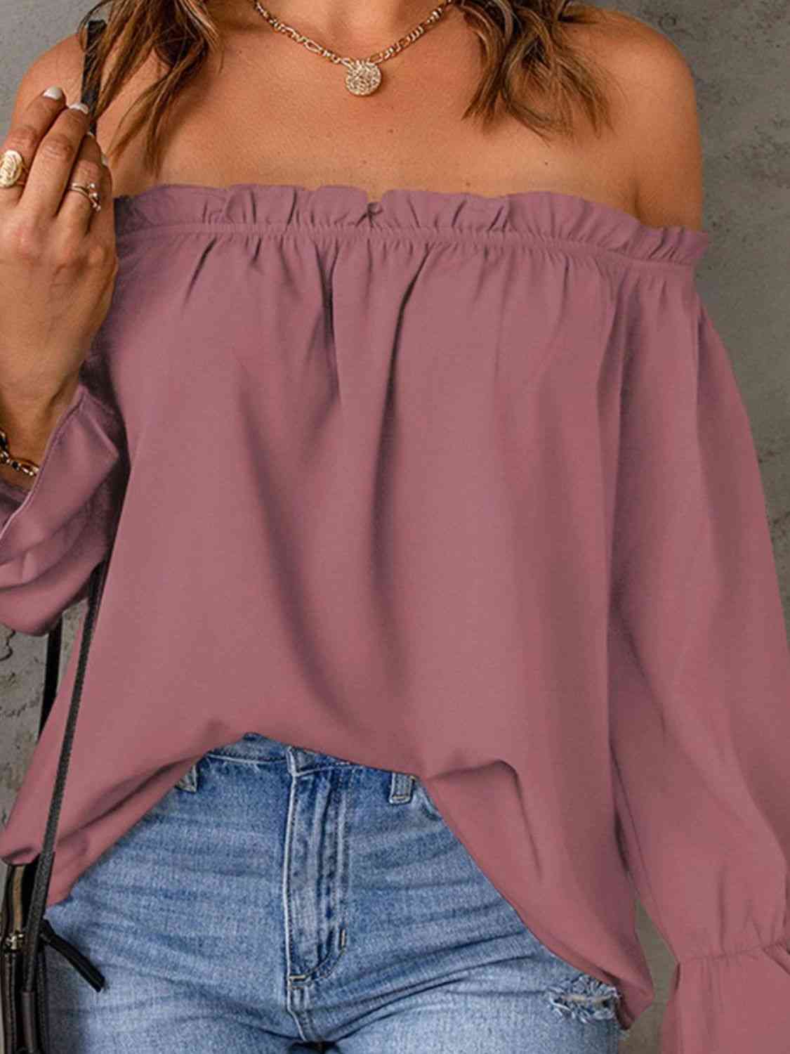 Off-Shoulder Flounce Sleeve Blouse BLUE ZONE PLANET