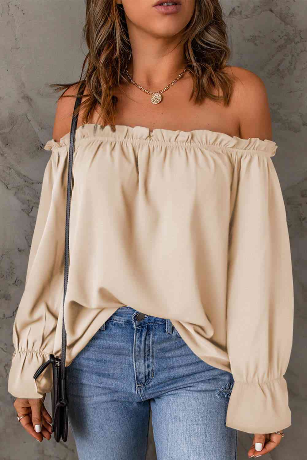 Off-Shoulder Flounce Sleeve Blouse BLUE ZONE PLANET