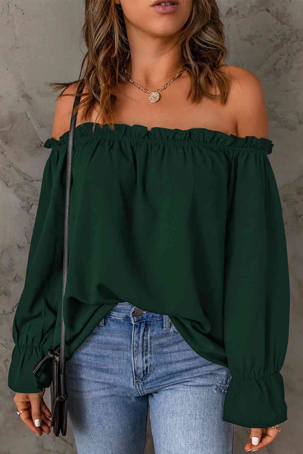 Off-Shoulder Flounce Sleeve Blouse BLUE ZONE PLANET
