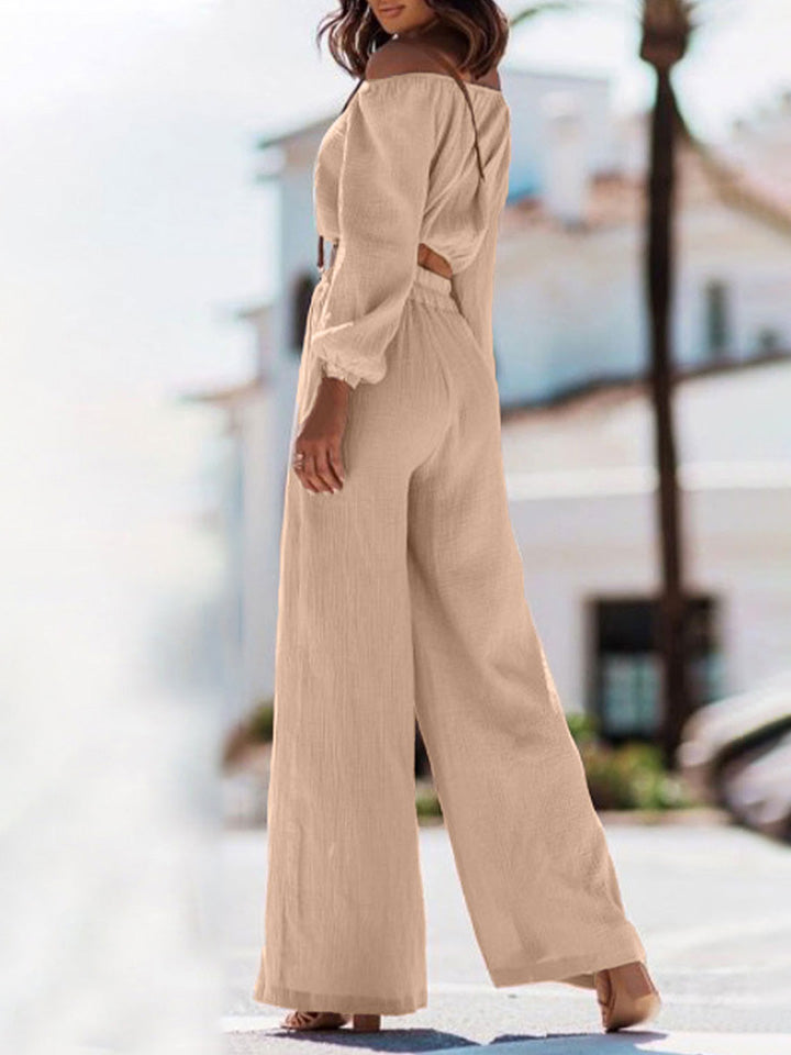 Off Shoulder Long Sleeve Top and Pants Set BLUE ZONE PLANET