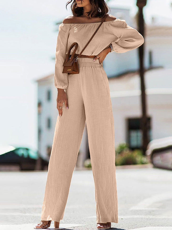 Off Shoulder Long Sleeve Top and Pants Set BLUE ZONE PLANET