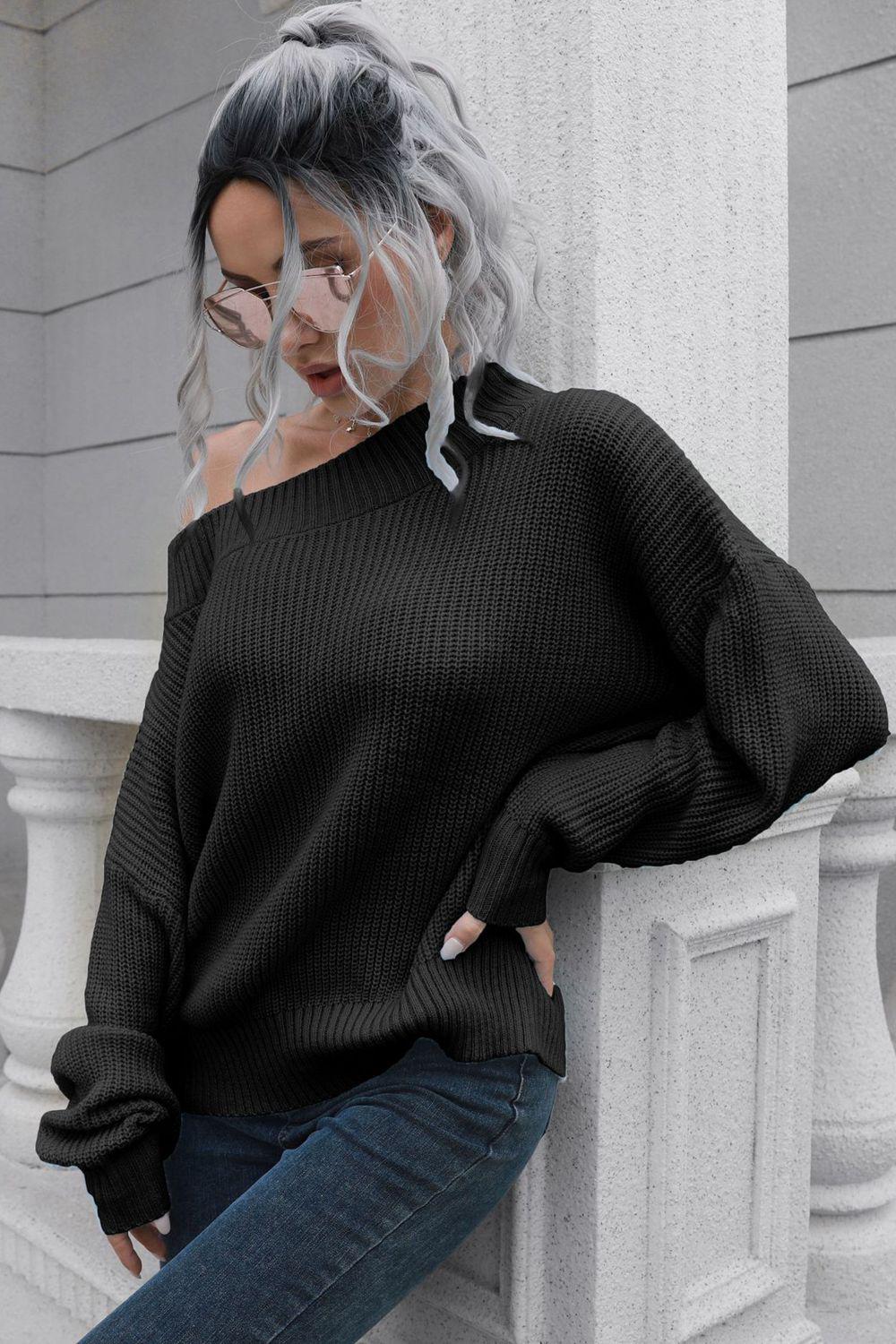 Off-Shoulder Ribbed Long Sleeve Pullover Sweater BLUE ZONE PLANET