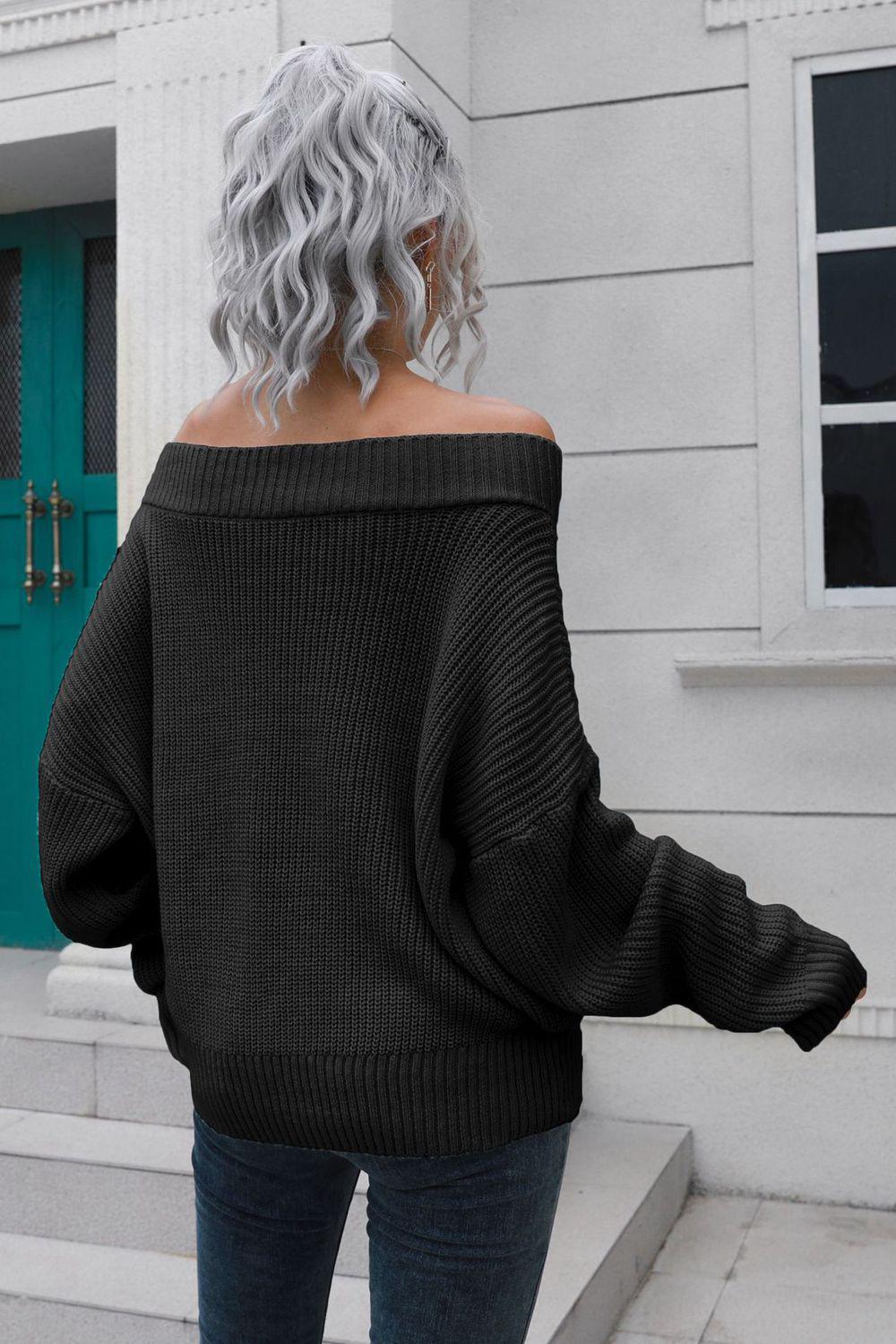 Off-Shoulder Ribbed Long Sleeve Pullover Sweater BLUE ZONE PLANET