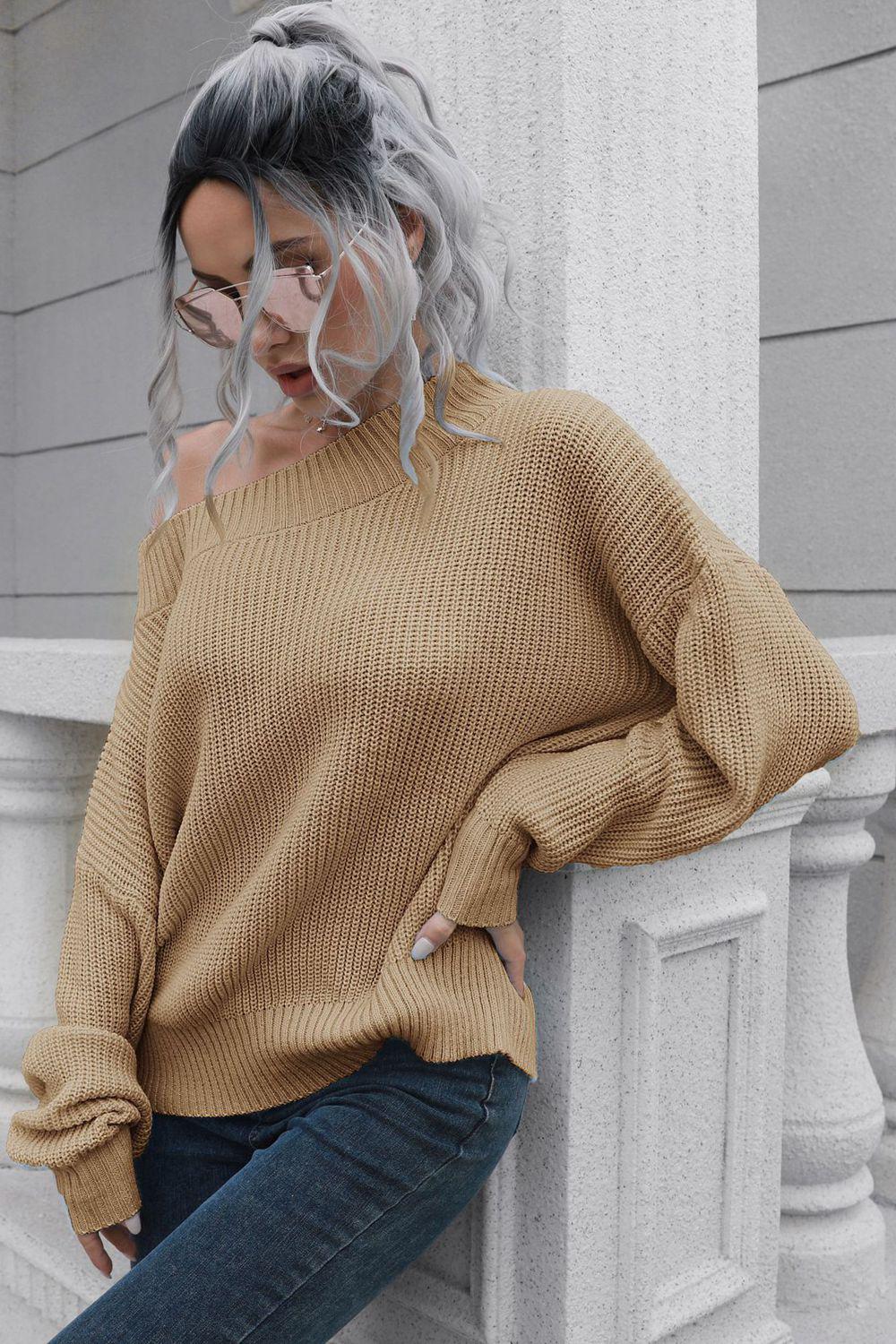 Off-Shoulder Ribbed Long Sleeve Pullover Sweater BLUE ZONE PLANET