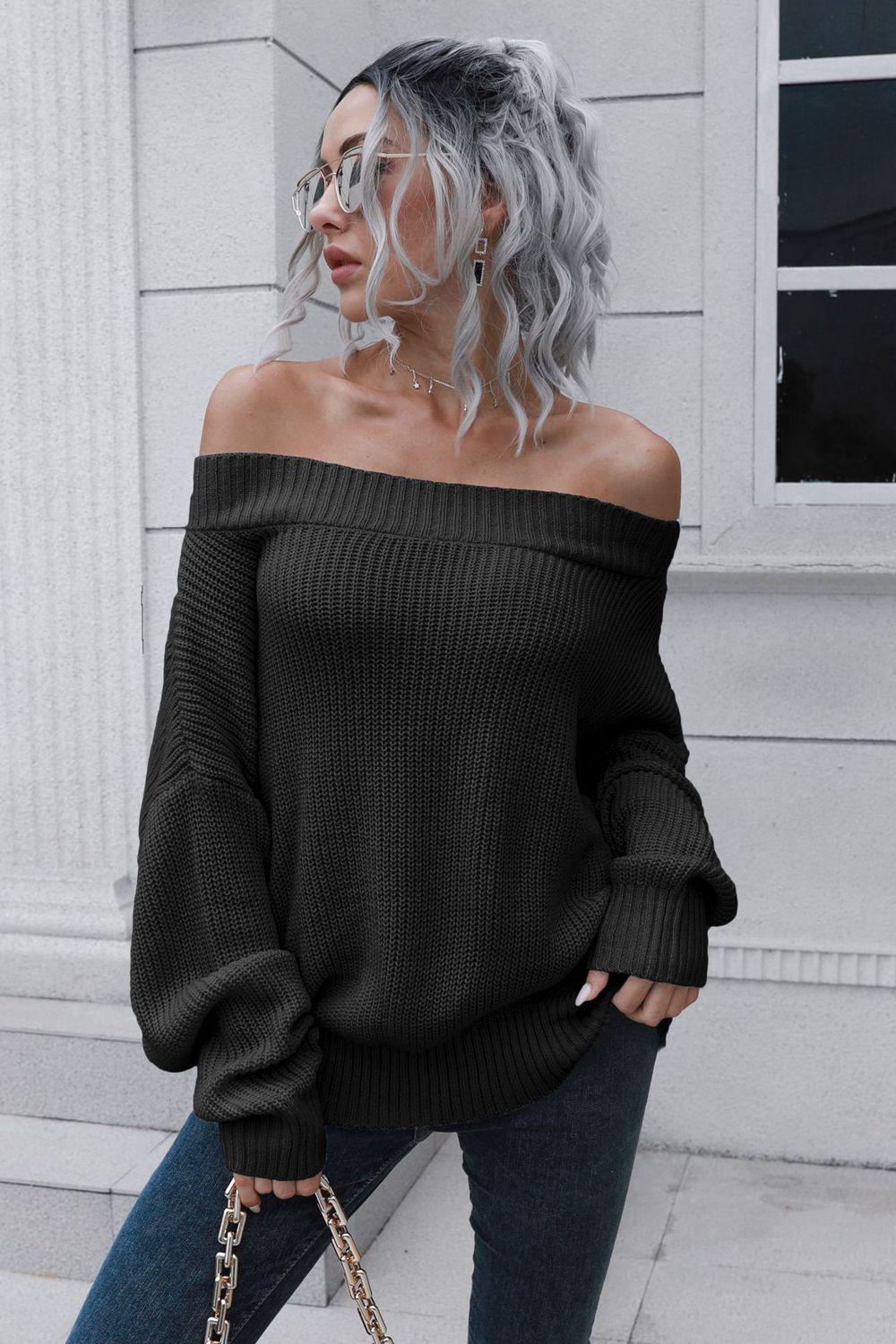 Off-Shoulder Ribbed Long Sleeve Pullover Sweater BLUE ZONE PLANET