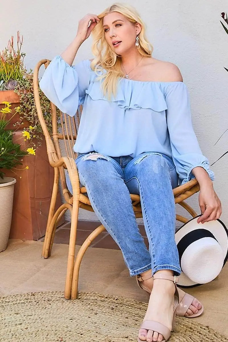 Off Shoulder Ruffle Bubble Sleeve Top Blue Zone Planet