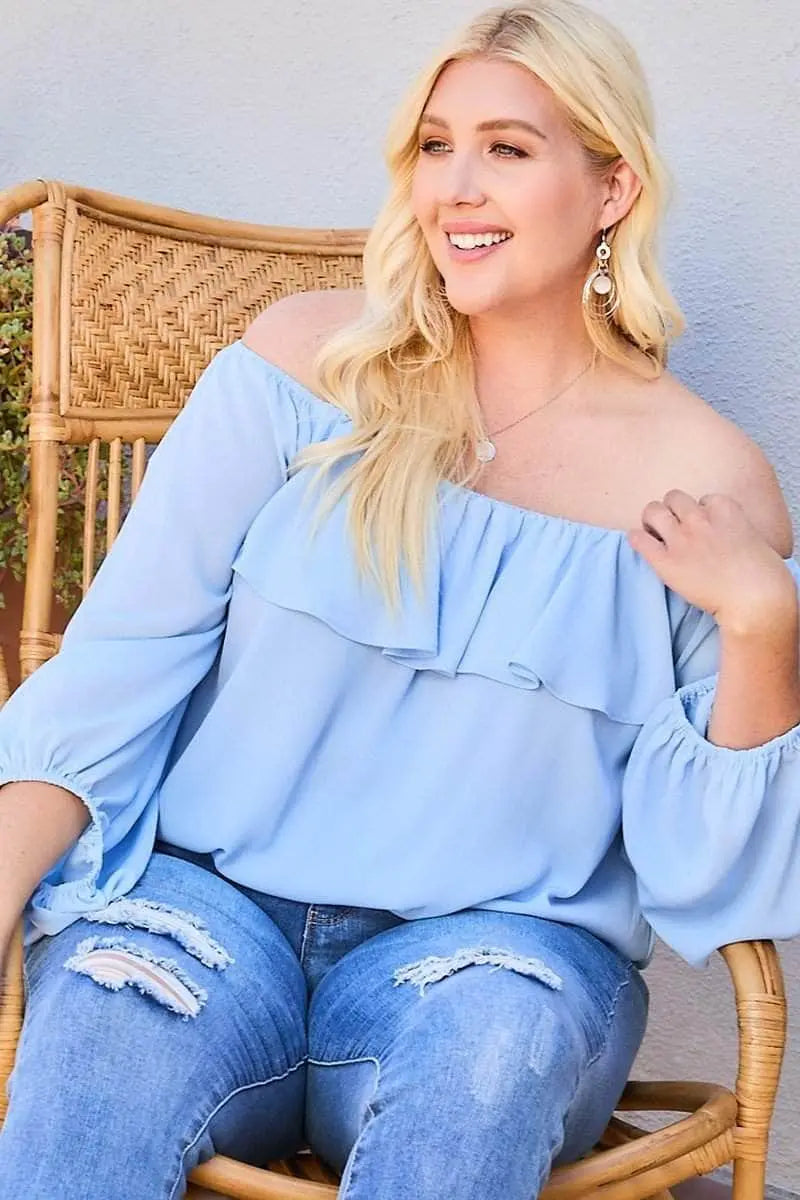 Off Shoulder Ruffle Bubble Sleeve Top Blue Zone Planet