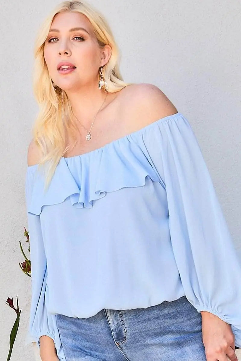 Off Shoulder Ruffle Bubble Sleeve Top Blue Zone Planet