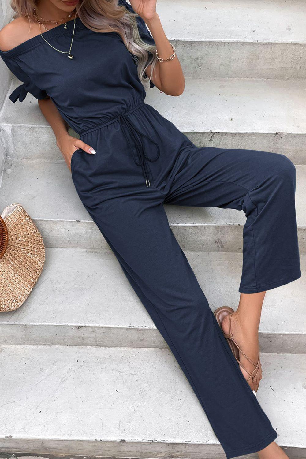 Off-Shoulder Tie Cuff Jumpsuit with Pockets BLUE ZONE PLANET